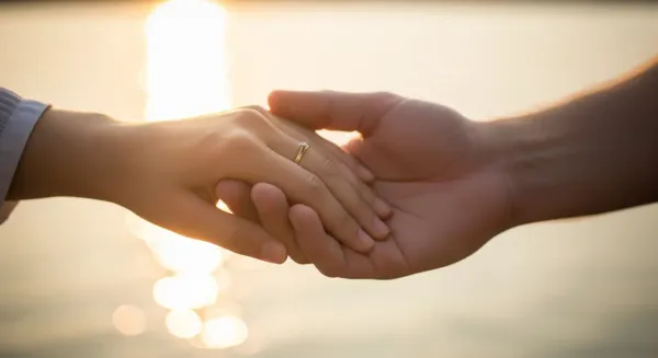 A close-up image of two hands, one male and one female, gently clasped together, symbolizing trust and connection